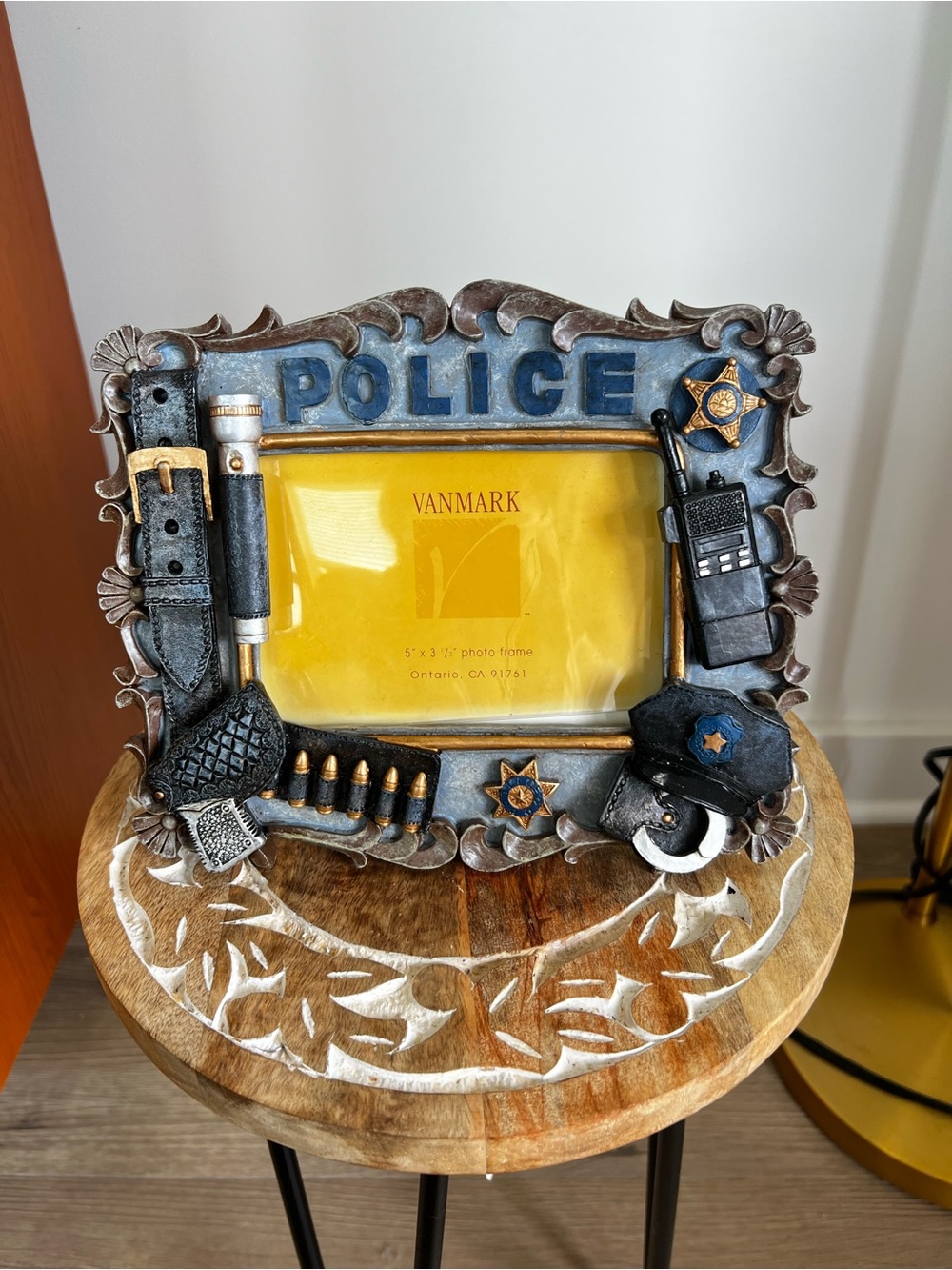Vtg Vanmark Police-Themed Photo Frame in Blue and Silver